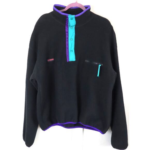 Vintage 90s Columbia Fleece Jacket Men XL Black USA Made Pullover 1/2 Snap Retro - Picture 1 of 7